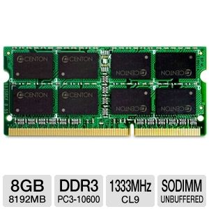 Centon R1333SO8192 Laptop Memory Module   8GB, PC3 10600, DDR3 1333MHz, 204 pin SODIMM, 1.5V, CL9, Non ECC, Unbuffered