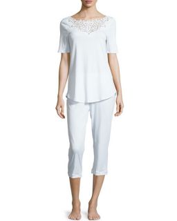 Hanro Isabeau Cropped Short Sleeve Pajama Set, White