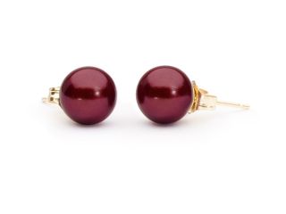 The Pearl Outlet 8mm 14k Gold Posts AAA Cranberry Red Freshwater Pearl Earrings