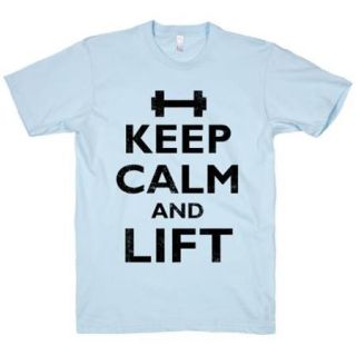 Light Blue Keep Calm And Lift Crewneck Funny Graphic T Shirt (Size Medium) NEW