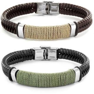 Crucible Stainless Steel Brown or Black Leather Bracelet with Wrapped