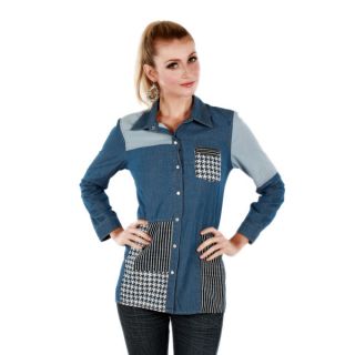 Firmiana Womens Two tone Denim Long Sleeve Button front Top