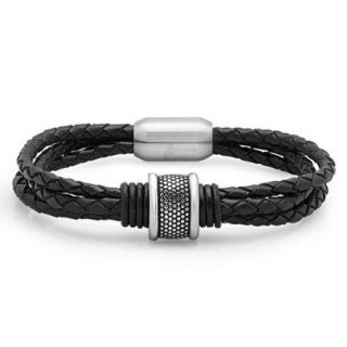 8.5" Stunning Stainless Steel Bracelet Black Leather with Tribal Design