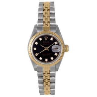 Pre owned Rolex Womens Two Tone Black Dial Diamond Accent Watch
