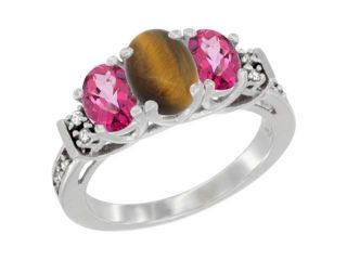 14K White Gold Natural Tiger Eye & Pink Topaz Ring 3 Stone Oval Diamond Accent