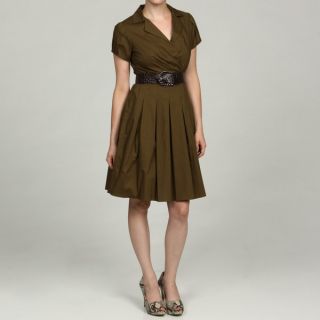 Eliza J Womens Petite Olive Wing Collar Belted Dress  