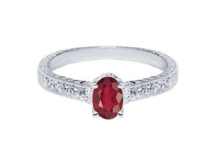1.45 Ct Oval African Red Ruby White Diamond 18K White Gold Engagement Ring