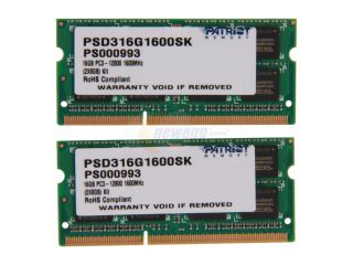 Patriot Signature 16GB (2 x 8G) 204 Pin DDR3 SO DIMM DDR3 1600 (PC3 12800) Laptop Memory Model PSD316G1600SK