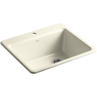 KOHLER Riverby Top Mount Cast Iron 25 in. 1 Hole Single Bowl Kitchen Sink with Basin Rack in Cane Sugar K 5872 1A1 FD
