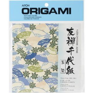 Origami Paper 5/Pkg Aizome Blue Yuzen 5.875inX5.875in
