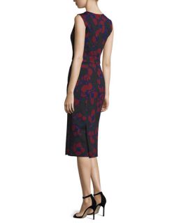 Oscar de la Renta Sequin Embellished Long Cardigan & Sleeveless Poppy Print Sheath Dress