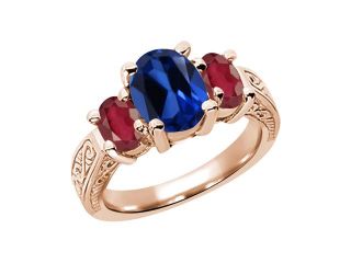 3.45 Ct Oval Blue Simulated Sapphire African Red Ruby 14K Rose Gold 3 Stone Ring