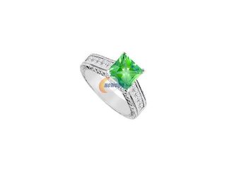 May Birthstone Frosted Emerald  CZ Milgrain Engagement Ring in 14K White Gold 2.50 CT TGW