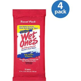 Wet Ones Fresh Scent Antibacterial Hand & Face Wipes, 15 count (Pack of 4)