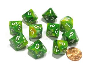 Set of 10 Chessex Phantom D10 Dice   Green with White Numbers