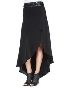 Haute Hippie Asymmetric Silk Skirt with Leather Belt