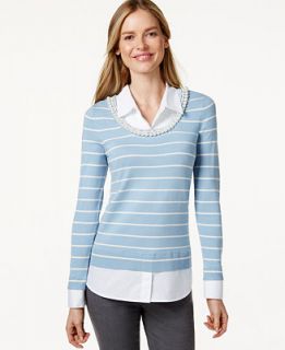 Charter Club Striped Imitation Pearl Collar Sweater, Only at