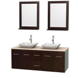 Wyndham Collection Centra 60 in. Double Vanity in Espresso with Marble Vanity Top in Ivory, Carrara White Marble Sinks and 24 in. Mirror WCVW00960DESIVGS3M24