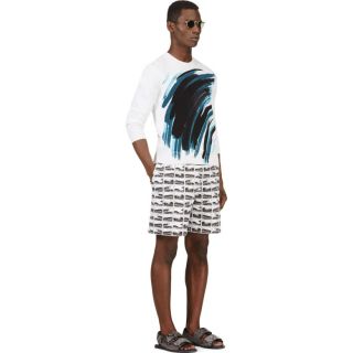 Kenzo White & Blue Neoprene Framed Wave Shorts