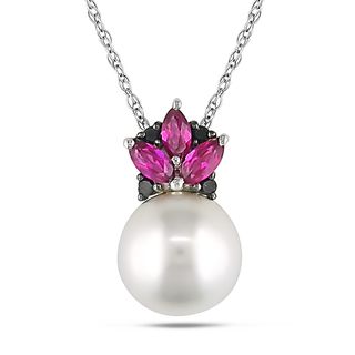 Miadora 10k White Gold Cultured Freshwater Pearl and Created Ruby with
