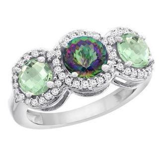 World Jewels 10K White Gold Round Natural Mystic Topaz & Green Amethyst Sides Ring, Size 6