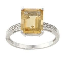 Viducci 10k White Gold Emerald cut Citrine and Diamond Ring
