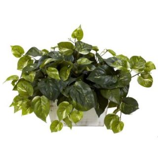 14 in. H Green Pothos with White Wash Planter Silk Plant 6713