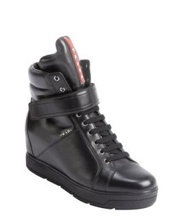 Prada Prada Sport Black Leather Oversized Tongue High Top Wedge Sneakers (334718701)