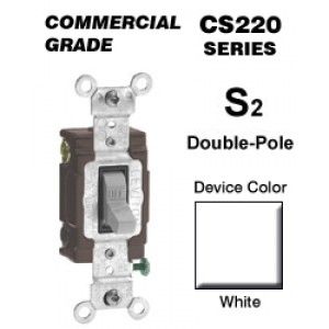 Leviton CS220 2W Double Pole Switch, 20 Amp, 120/27V, White, Side Wired, Commercial