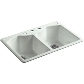 KOHLER Bellegrove Top Mount Cast Iron 33 in. 4 Hole Double Bowl Kitchen Sink with Accessories in Sea Salt K 6482 4A4 FF