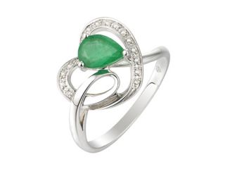 14K White Gold 0.69ct Glowing Heart Diamond & Pear Synthetic Green Emerald Gemstone Ring