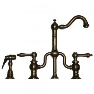 Whitehaus WHTTSLV3 9772SPR P Twisthaus entertainment/prep bridge faucet with short traditional swivel spout, lever handles and solid brass side spray   Pewter