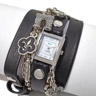 La Mer Riviera Silvertone Chain and Charms Black Leather Wrap Design Watch   8062060