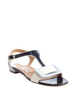 Salvatore Ferragamo Navy And Cream Patent Leather T Strap Sandals (336014301)
