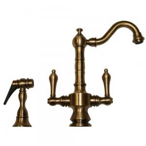 Whitehaus WHKSDTLV3 8204 AB Vintage III dual handle entertainment/prep faucet with short traditional swivel spout, lever handles and solid brass side spray   Antique Brass