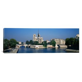 iCanvas Panoramic Cathedral along a River, Notre Dame Cathedral, Paris