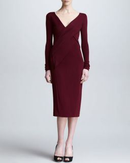 Donna Karan Long Sleeve Draped V Neck Dress, Pomegranate