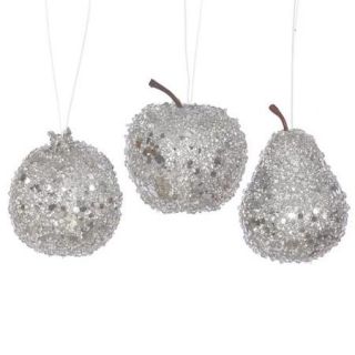 3ct Silver Beaded, Sequin and Glitter Pear, Apple and Pomegranate Fruit Christmas Ornaments