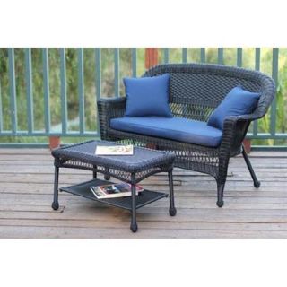 Jeco W00207 LCS011 Black Wicker Patio Love Seat And Coffee Table Set With Blue Cushion