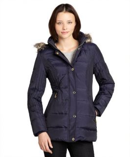 Anne Klein Navy Quilted Down Filled Coat With Faux Fur Trimmed Hood (324052402)