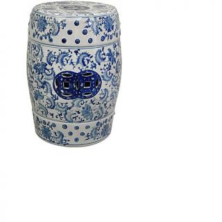 Oriental Furniture 18" Lacquered Floral Blue and White Porcelain Garden Stool   7284093