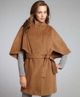Hilary Radley Camel Wool Blend Belted Cape Coat (319558302)