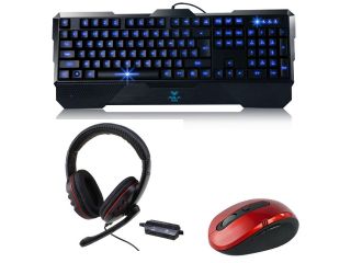 Illuminated Gaming Keyboard+Wireless Optical Mouse+USB Wired Gaming Headset Mic