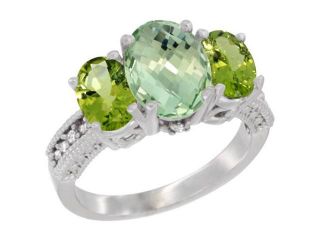 14K White Gold Natural Green Amethyst Ring Ladies 3 Stone 8x6 Oval with Peridot Sides Diamond Accent, sizes 5   10