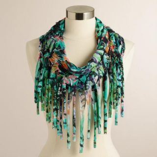 Turquoise and Black Floral Infinity Scarf with Fringe