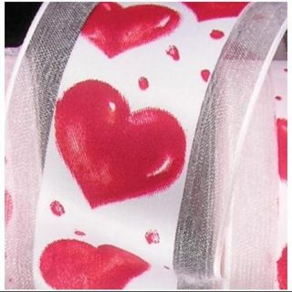 White with Red Heart Georgette Wired Craft Ribbon 2.5" x 27 Yards
