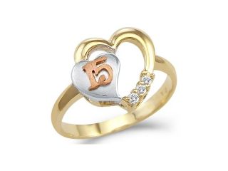 14k Tri Color Gold 15 Birthday Quinceanera Heart Ring