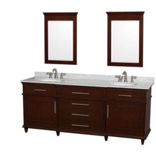 Wyndham Collection Berkeley 80 in. Double Vanity in Dark Chestnut with Marble Vanity Top in Carrara White, Oval Sink and 24 in. Mirrors WCV171780DCDCMUNRM24