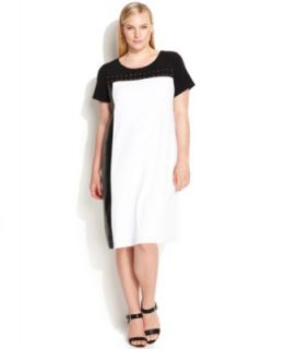 Calvin Klein Plus Size Sleeveless Colorblock Mesh Trim Dress