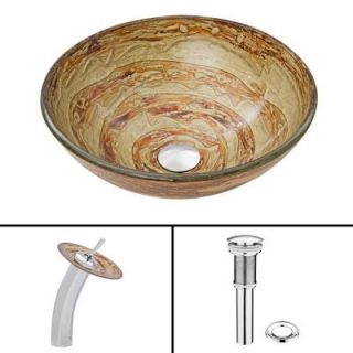 Vigo Glass Vessel Sink in Mocha Swirl with Waterfall Faucet Set in Chrome VGT050CHRND